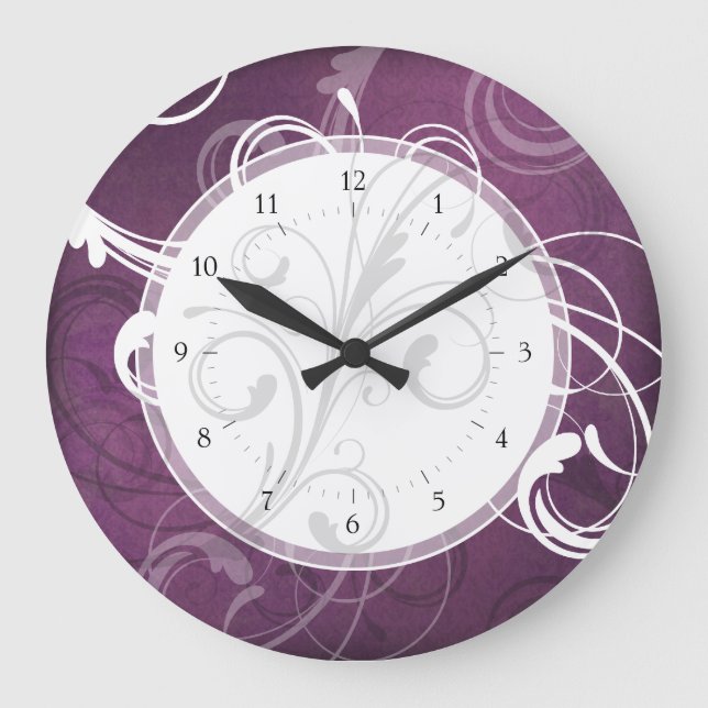 Purple Grunge Damask Elegant Swirls Large Clock (Front)