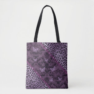 Purple grunge floral print gothic design tote bag