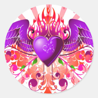 Purple Grunge Winged Heart Design Classic Round Sticker