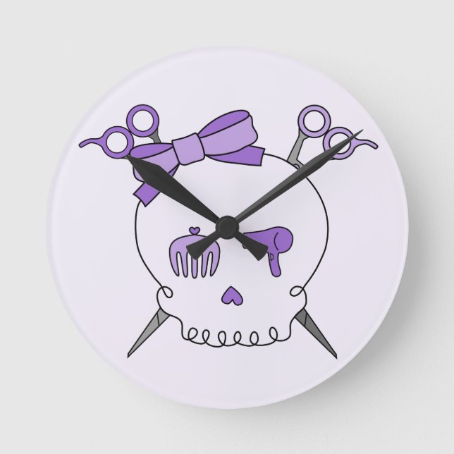 Purple Hair Accessory Skull -Scissor Crossbones #2 Round Clock (Front)