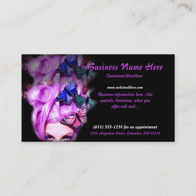 Purple Hair Butterfly Lady Appt. 5 Business Cards (Front)