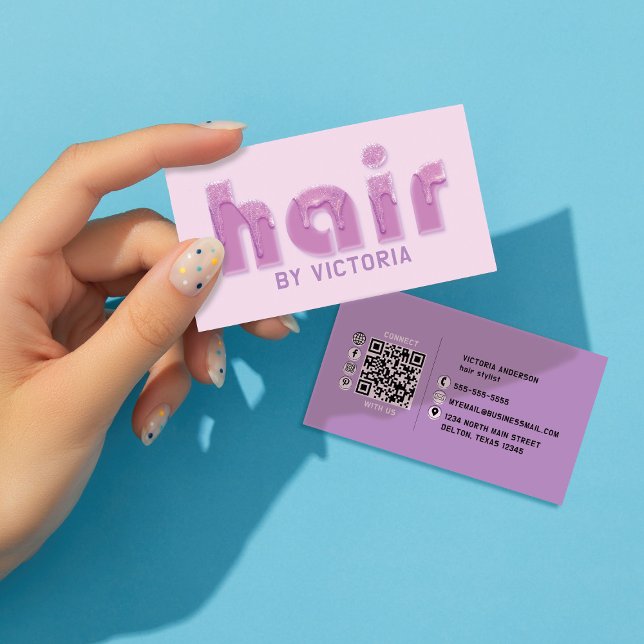 Purple Hair Glitter Drips Typography Stylist Salon Business Card (Creator Uploaded)