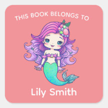 Purple Hair Mermaid and Kids Name book label