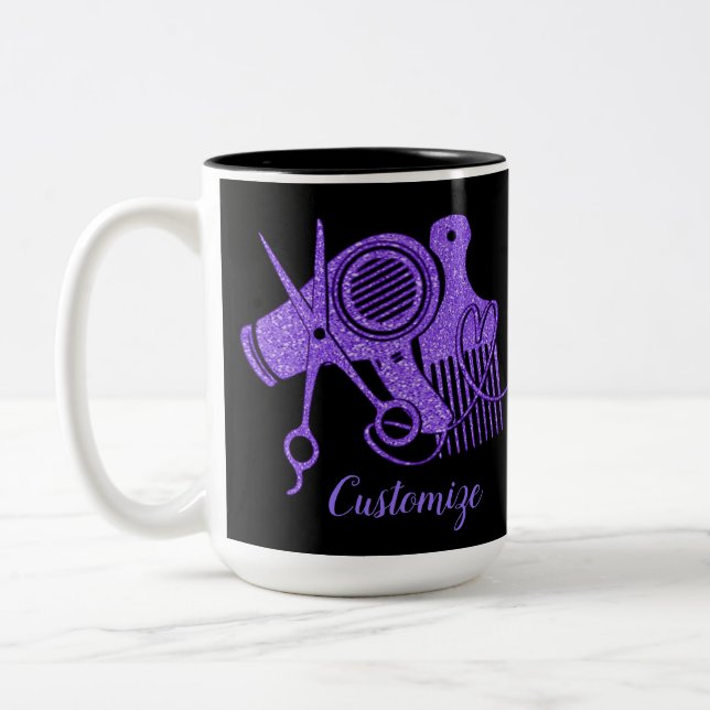 Purple Hair Stylist Logo Two-Tone Coffee Mug (Left)