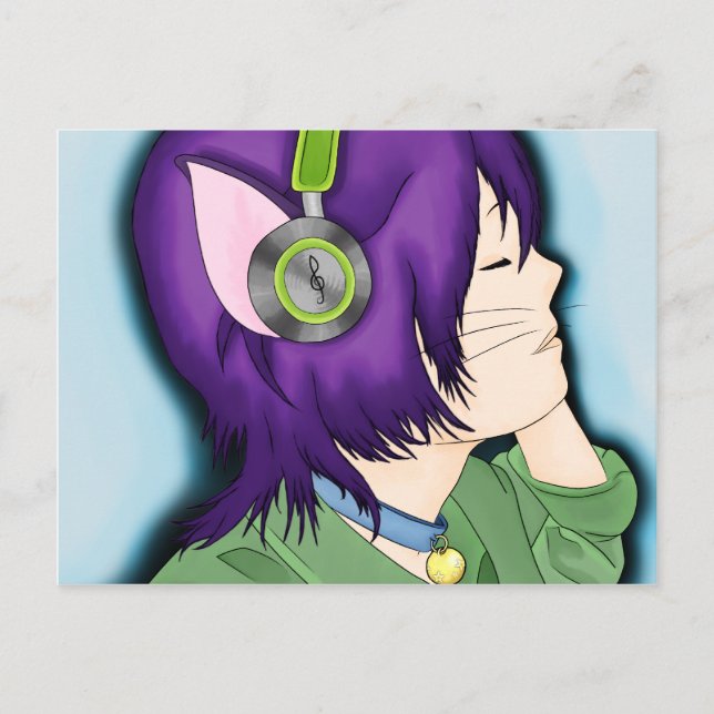 Purple Haired Cat Girl With Headphones Postcard (Front)