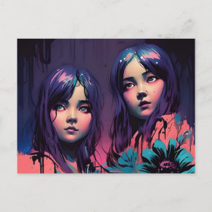 Purple Haired Girls Dressed in Pink Postcard