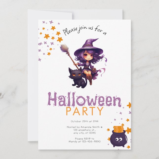 Purple Haired Witch and Black Cat Halloween Party Invitation (Front)