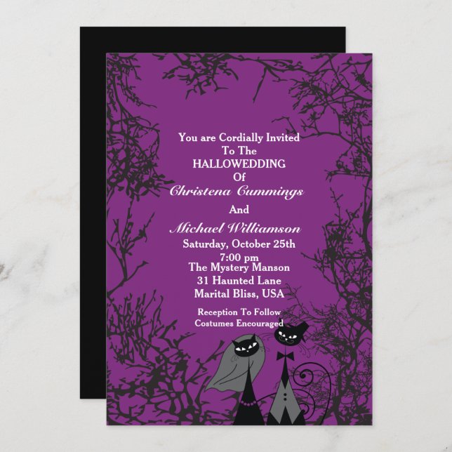 Purple Hallowedding Cats Wedding Invitation 2 (Front/Back)