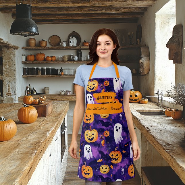Purple Halloween Apron with Pumpkins, Ghosts, Bats (Creator Uploaded)
