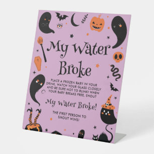 Purple HalloWeen Baby Shower My Water Broke Game Pedestal Sign