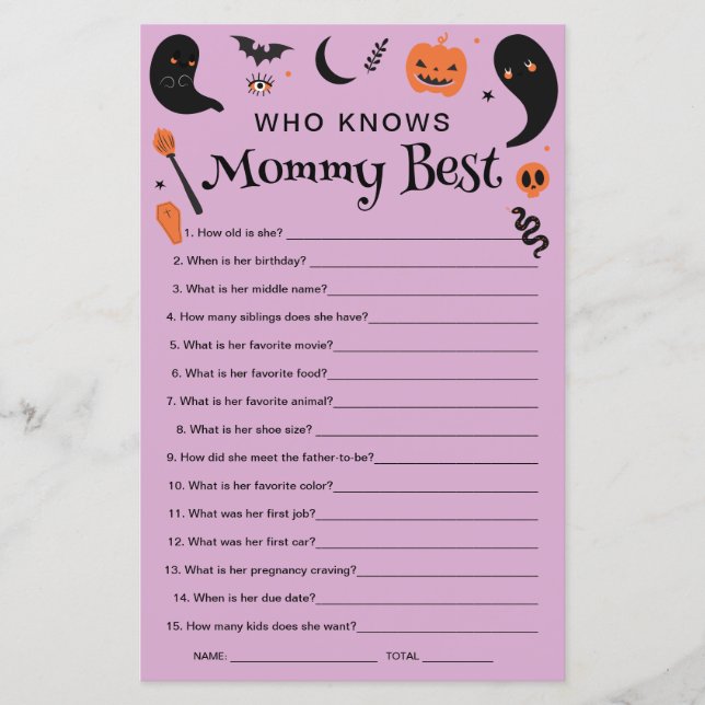 Purple Halloween Baby Shower Who Knows Mummy Best (Front)