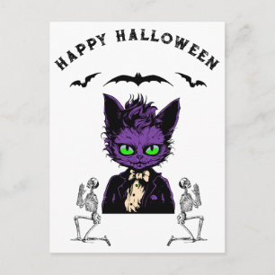 Purple Halloween Cat with Bats and Skeletons Postcard