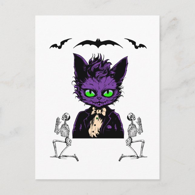 Purple Halloween Cat with Bats and Skeletons Postcard (Front)