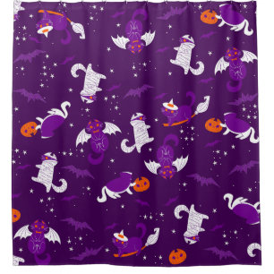 purple halloween cats mummy vampire bat witch shower curtain