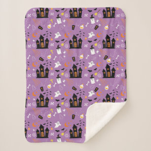 Purple Halloween Ghost and Haunted House Sherpa Blanket