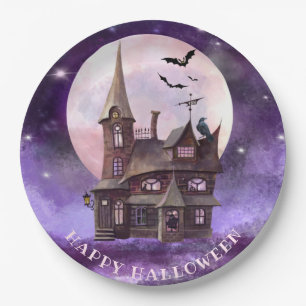Purple Halloween Haunted House Bats Full Moon Paper Plate