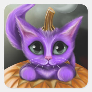 Purple Halloween Kitty Square Sticker