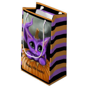 Purple Halloween Kitty Striped Small Gift Bag