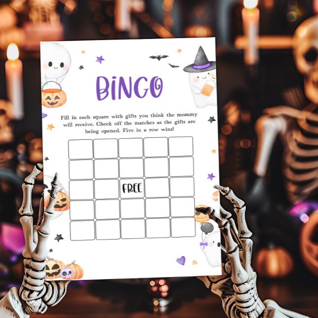Purple Halloween Little Boo Baby Shower Bingo Game (Baby is Brewing Baby Shower Bingo Game)
