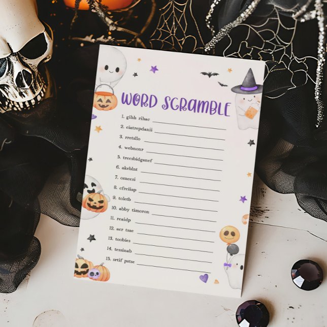 Purple Halloween Little Boo Word Scramble Game (Baby is Brewing Baby Shower Word Scramble Game)