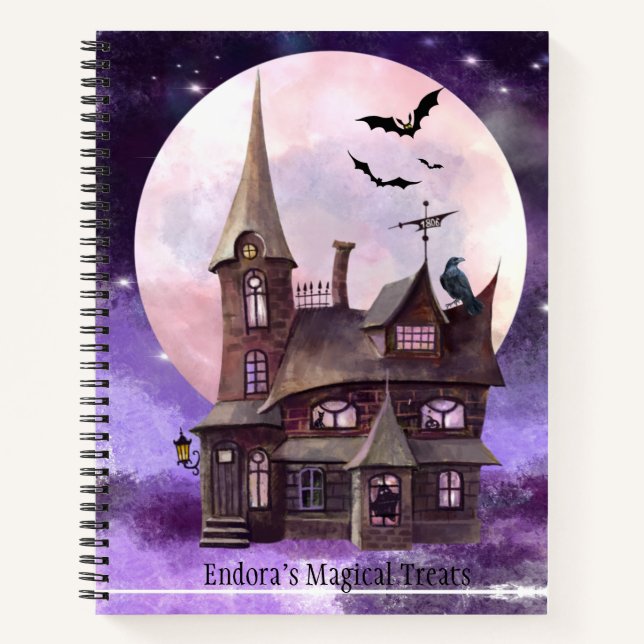 Purple Halloween Old House Bats Full Moon Recipe Notebook (Front)