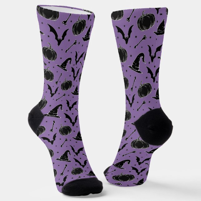 Purple Halloween Pattern Witch Hat Bat Pumpkin Art Socks (Angled)