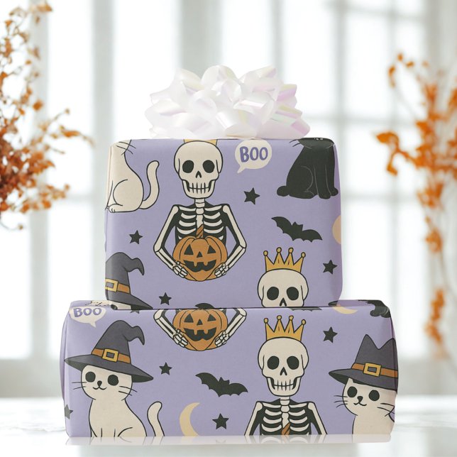 Purple Halloween Skeletons, Witch Cats & Pumpkins  Wrapping Paper (Creator Uploaded)