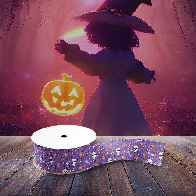 Purple Halloween Skull Bone Coffin Pattern  Grosgrain Ribbon (Creator Uploaded)