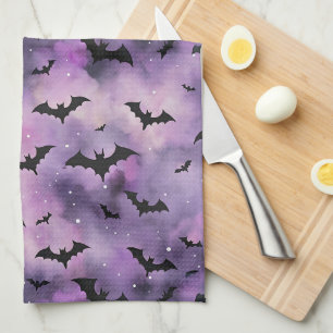 Purple Halloween Sky with Bats – Spooky Cute Tea Towel
