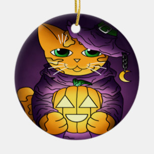 Purple Halloween Witch Cat Ceramic Ornament
