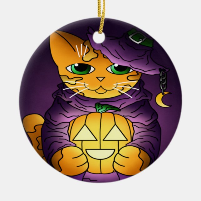 Purple Halloween Witch Cat Ceramic Ornament (Front)