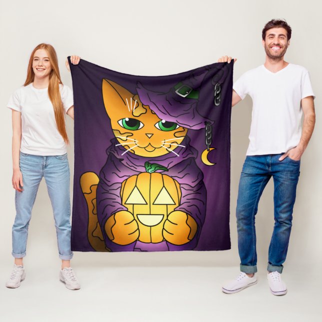 Purple Halloween Witch Cat Fleece Blanket (In Situ)