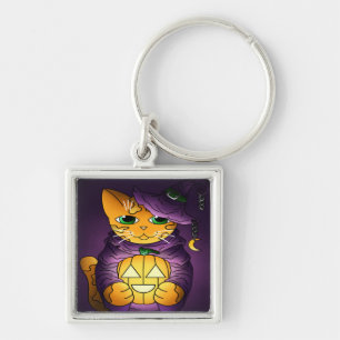 Purple Halloween Witch Cat Key Ring