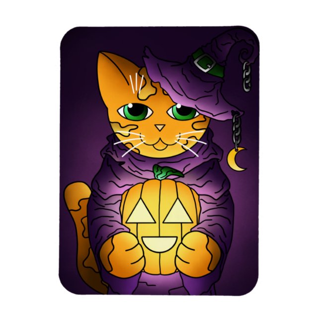 Purple Halloween Witch Cat Magnet (Vertical)