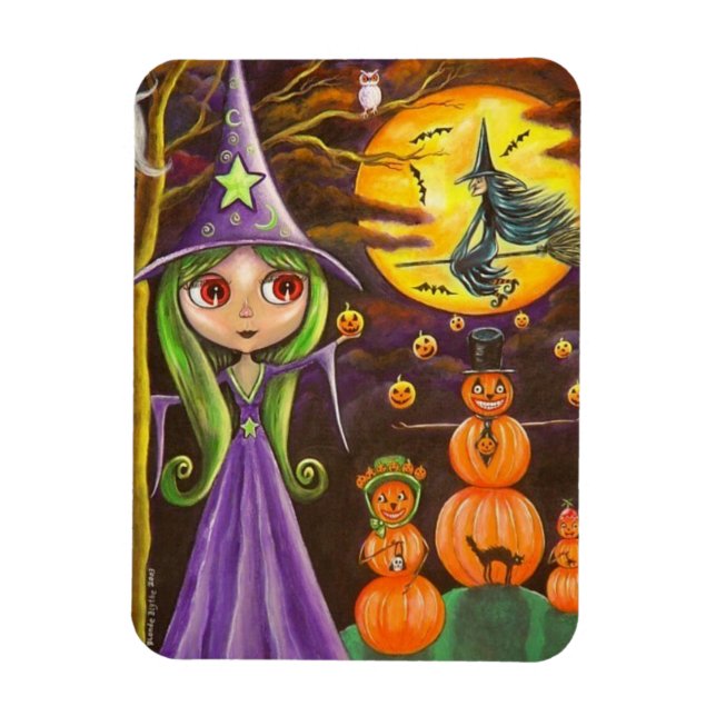 Purple Halloween Witch Juggling Pumpkins Big Eyes Magnet (Vertical)