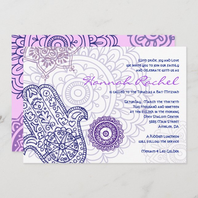 Purple HAMSA HAND of GOD Bat Mitzvah Invitation (Front/Back)