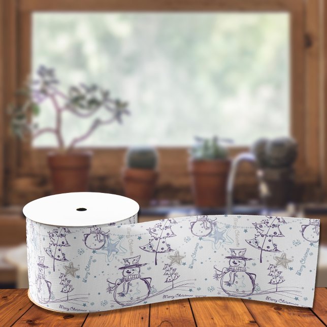 Purple Hand Drawn Christmas Snowman Grosgrain Ribbon (Creator Uploaded)