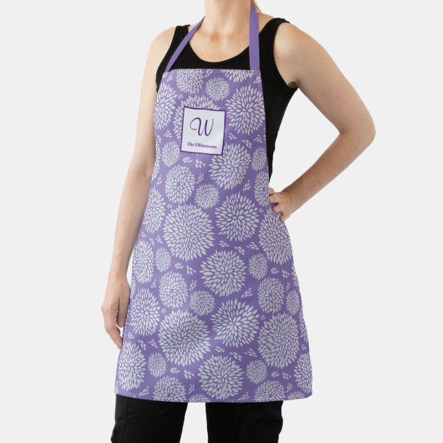 Purple Hand-drawn Flower pattern Monogram Apron (Insitu)