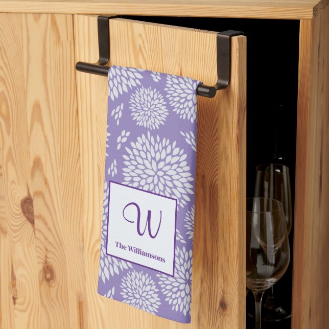 Purple Hand-drawn Flower pattern Monogram Tea Towel (Thirds Fold)