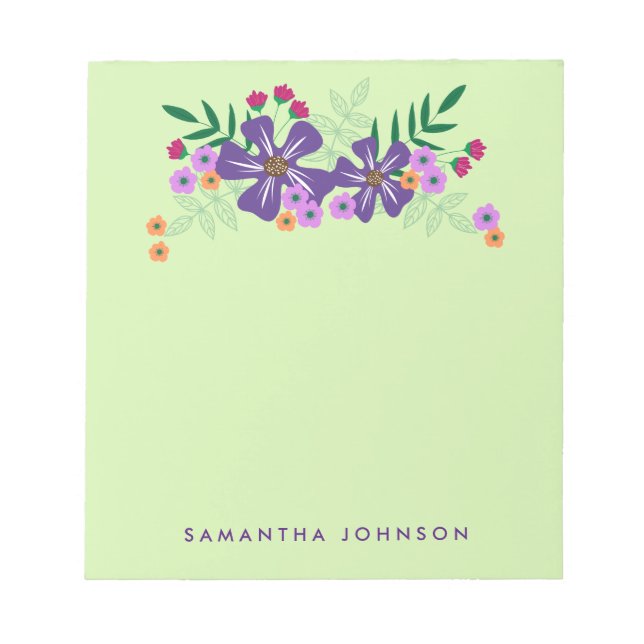 Purple Hand Drawn Flowers, Personalised Notepad (Front)