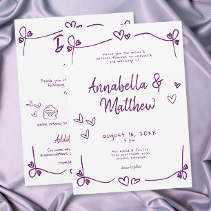 Purple Hand Drawn Heart Whimsical Modern Wedding  Invitation