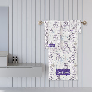 Purple Hand Drawn Jolly Xmas Snowman Bath Towel Set