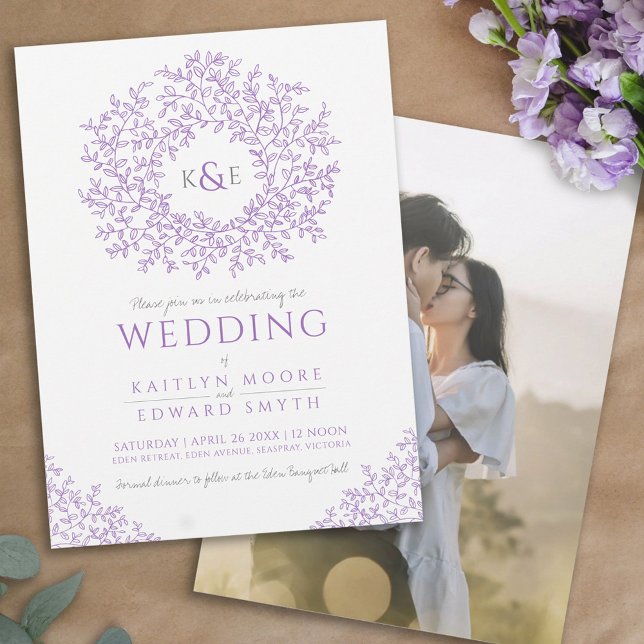 Purple hand drawn leaf monogram art wedding invitation (Creator Uploaded)