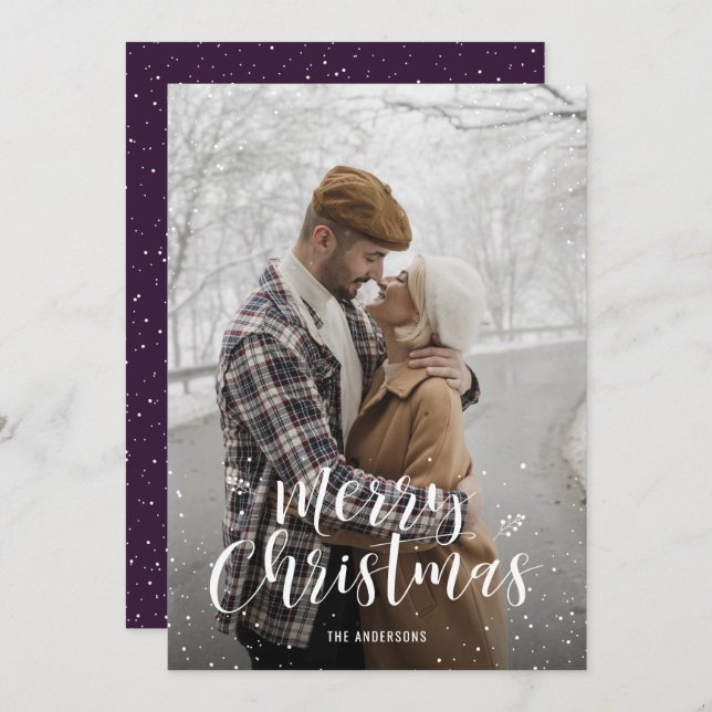 Purple Hand Lettered Snow Photo Christmas Cards (Front/Back)
