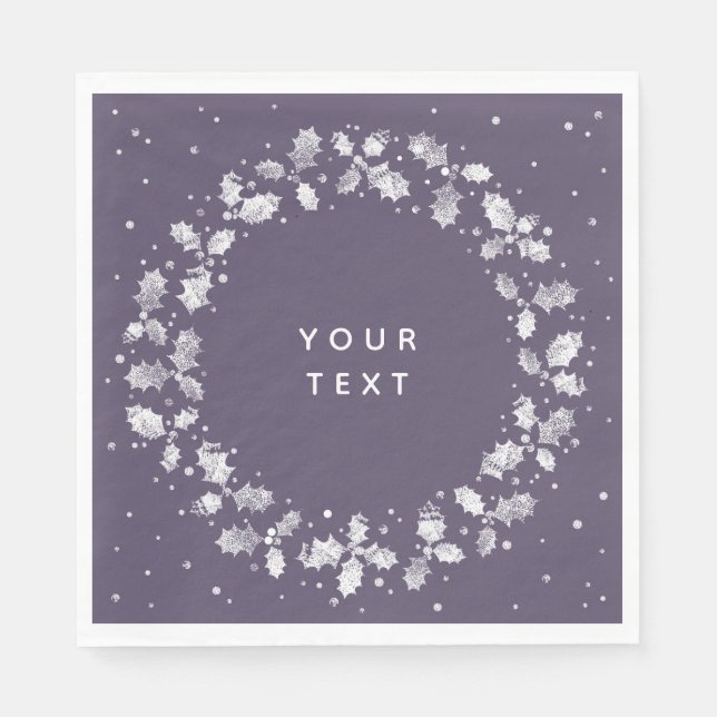 Purple Hand Printed Holly Wreath Christmas Paper Napkin (Front)