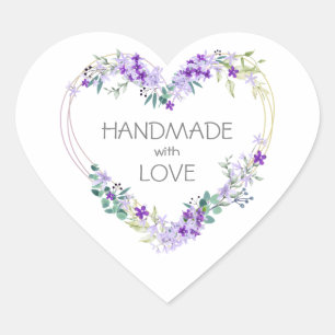 Purple Handmade with Love Quote Floral Heart Sticker