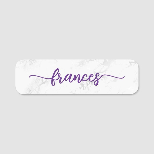 Purple Handwritten Script Faux Marble Name Tag (Front)