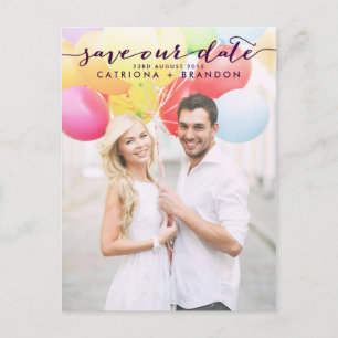 Purple Handwritten Script Photo Save Our Date Announcement Postcard