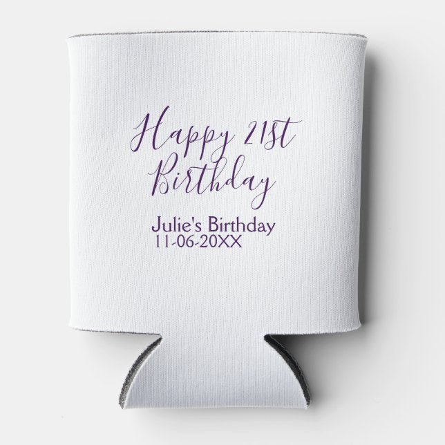 Purple happy 21st birthday name date Keychain Can Cooler (Front)