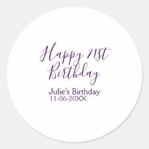 Purple happy 21st birthday name date Keychain Classic Round Sticker